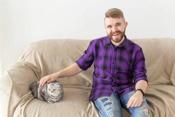 Elegante joven barbudo hipster acariciando su hermoso gato gris escocés plegable sentado en el sofá. Concepto de cuidado animal . — Foto de Stock