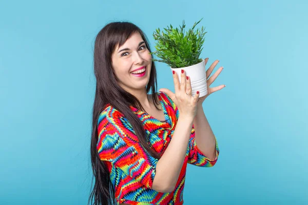 쾌활한 젊은 여성이 푸른 배경을 배경으로 포즈를 취한 식물로 냄비를 들고 있다. 원예 및 인테리어 액세서리의 개념. — 스톡 사진