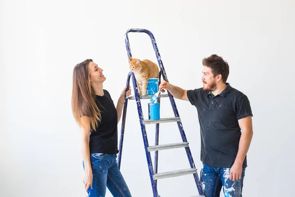 Pessoas, renovação, pet and repair concept - Retrato de homem e mulher engraçados com gato fazendo redecoração em apartamento — Fotografia de Stock