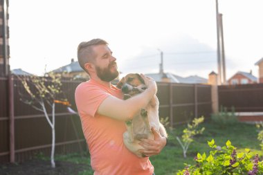 Adam elleri onun güzel jack russell terrier köpek tutarak.