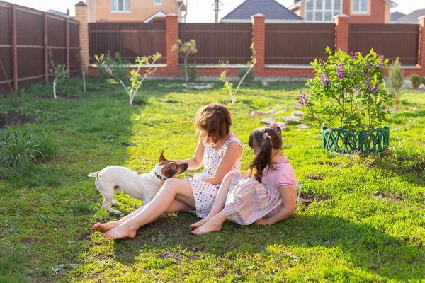 Positivo jovem mãe e filha e cão estão deitados no gramado de sua casa de campo e desfrutando de um descanso conjunto durante o fim de semana em tempo quente — Fotografia de Stock