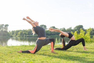 Sağlıklı yaşam tarzı ve insan kavramı - Esnek kadınlar yaz parkında yoga yapıyor