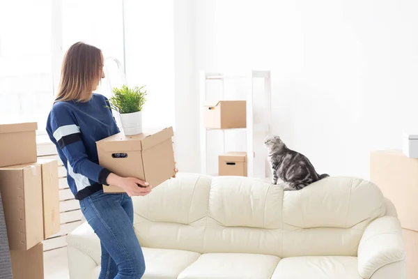 迷人的年轻单身女人拿着一个盒子，一边移动着，一边站在她灰色的斜耳苏格兰猫旁边的新公寓里。搬家和暖房的概念. — 图库照片