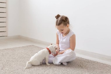Çocuk, Evcil hayvanlar ve hayvanlar kavramı - küçük kız çocuk pijama ile Jack Russell Terrier köpek yavrusu yerde oynamak