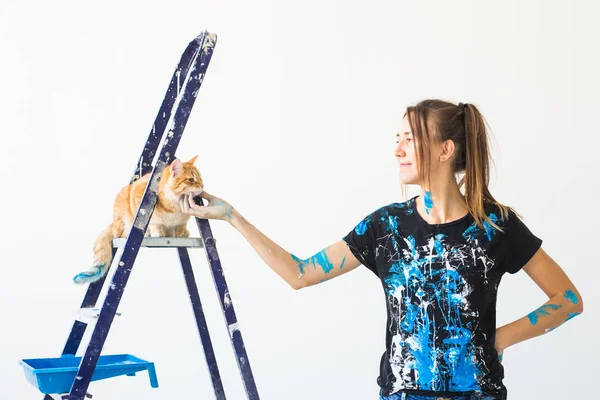 Jonge vrouw schilder aaien van een kat, de ontwerper en de werknemer schildert de muur. Het huisdier zit volgende op de ladder en kijkt naar het werk. — Stockfoto