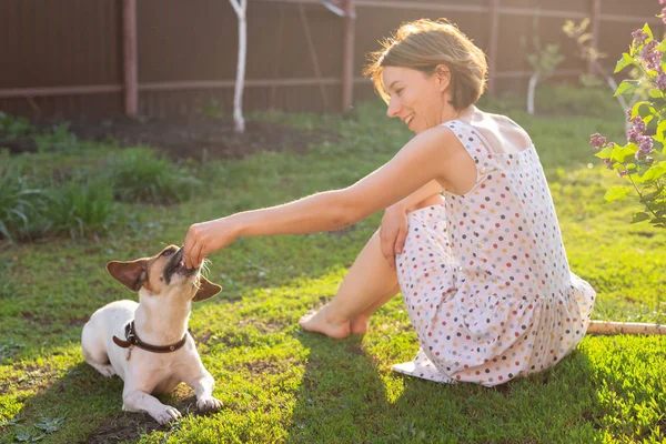 Positive fröhliche Frau, die an einem sonnigen Sommertag mit ihrem geliebten Hund Jack Russell Terrier im Hof ihres Landhauses spielt. Konzept der Tierliebe und Familienerholung. — Stockfoto
