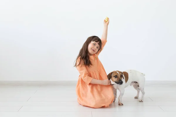 애완 동물, 어린이와 개 개념 - 강아지와 함께 노는 드레스의 어린 소녀 — 스톡 사진