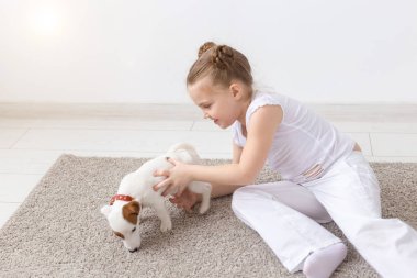 Köpek, Evcil hayvan ve hayvan kavramı - Jack Russell Terrier köpek yavrusu ile oturan küçük çocuk kız