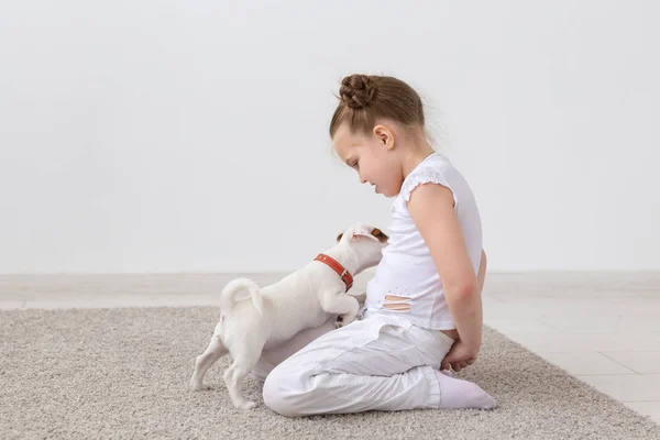 Pet, crianças e conceito animal - menina sentada no chão e alimentando filhote de cachorro — Fotografia de Stock