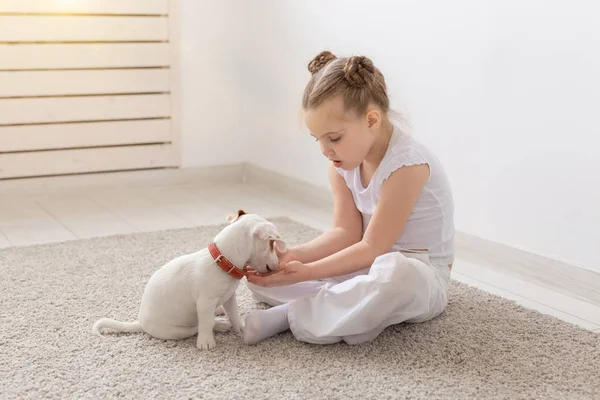 Concepto de personas, niños y mascotas - niña pequeña sentada en el suelo con un lindo cachorro Jack Russell Terrier y jugando — Foto de Stock