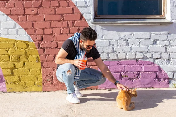 カラフルな壁の屋外の背景に男と猫の友情 — ストック写真
