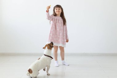 Pembe elbiseli pozitif küçük kız beyaz bir arka plan üzerinde küçük köpeği Jack Russell Terrier'i oynuyor ve besliyor. Favori hayvan ve köpek kavramı. Copyspace.