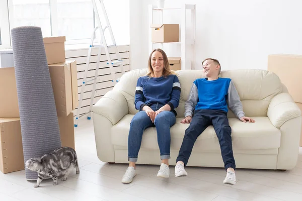 Счастливая красивая молодая мать-одиночка и позитивный сын сидят на диване рядом со своей кошкой и счастливы переехать в новую квартиру . — стоковое фото