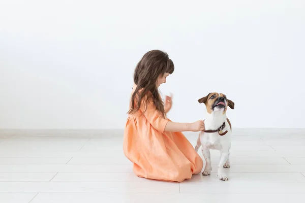 Niña con el pelo oscuro juega con su amado perro mientras se sienta en el suelo en un vestido de melocotón contra el fondo de la pared blanca. Concepto de cuidar a niños y animales. Espacio publicitario . — Foto de Stock