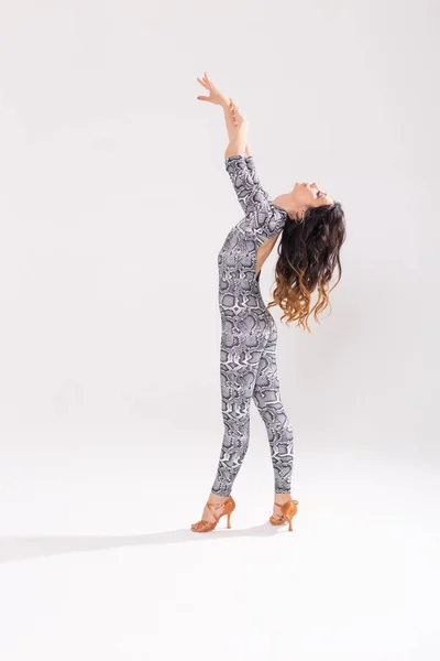 Danza latina, danza de striptease, concepto de dama contemporánea y bachata: improvisación de danza femenina y movimiento de su cabello largo sobre un fondo blanco — Foto de Stock