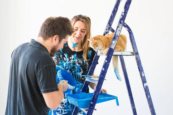 Mensen, renovatie, huisdier en reparatie concept - portret van mooie grappige paar met kat doen Pans in appartement — Stockfoto