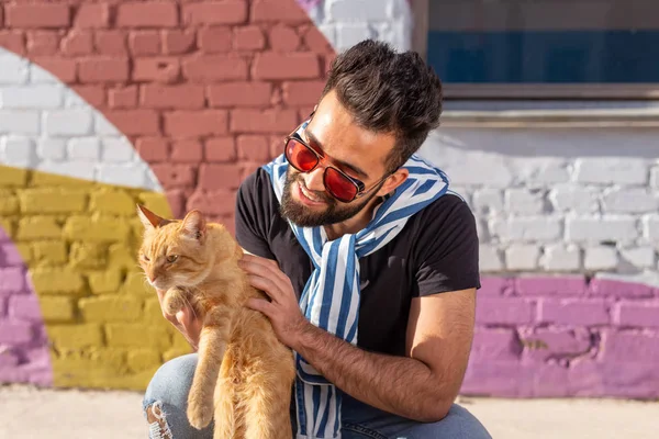 Friendship between man and cat on background of colourful wall outdoor — Stock Photo, Image