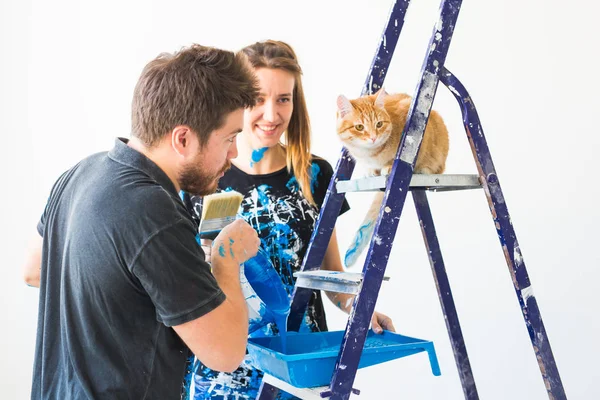 Mensen, renovatie en reparatie concept-portret van gelukkige paar met kat pour verf — Stockfoto