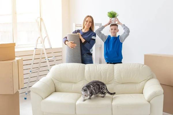 Молодые симпатичные мать и сын-одиночка рады переезду в новый дом, держа в руках одноухий шотландский кот и кастрюлю зелени. Концепция новоселья и расширения семейного пространства . — стоковое фото