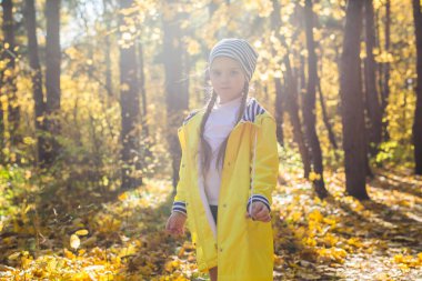 Küçük kız sonbahar ormanında köpeğiyle oynuyor. Çocuk ve Jack Russell Terrier köpeği.