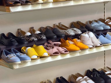 Bir mağazada gösterilen ayakkabı rafları, renkler ve tasarımlar. Moda, tüketici seçimi ve perakende ticaret bireyselliğin, yaşam tarzının ve modern eğilimlerin bir simgesi olarak