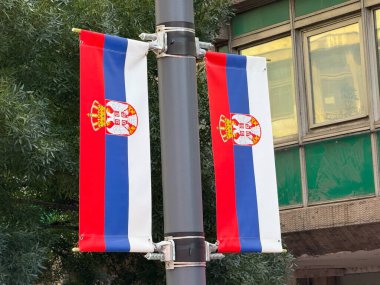 Beton bir binanın yanındaki direkte asılı Sırp ulusal bayrağı. Kentsel çevrede vatanseverlik, kimlik ve kültür mirası