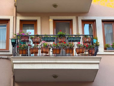 Şehir merkezinde çiçeklerle süslenmiş bir balkon. Yaşam tarzı, mimari ve yeşillik bahçe hobisi, mevsimlik çiçek ve estetik yaşam atmosferini birleştirir