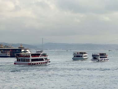 Arka planda köprüyle Boğaz 'dan geçen yolcu gemileri. İstanbul 'da ulaşım, turizm ve kentsel deniz yaşamı