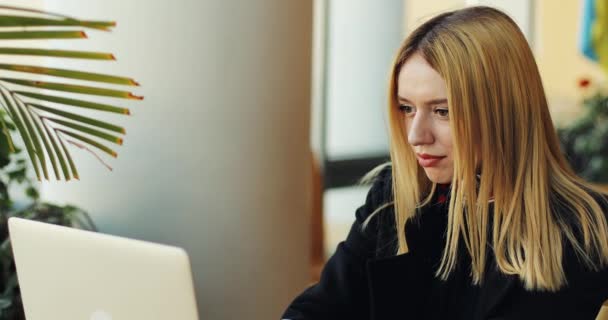 Young blonde girl works with a laptop sittig at the table in cafe. Freelancer is looking for a job, printing something and drinking coffee — Stock Video
