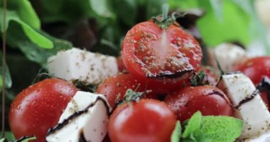 Mozzarella peyniri, domates ve marul salata vitamini balsamik sirke ile süslüdür