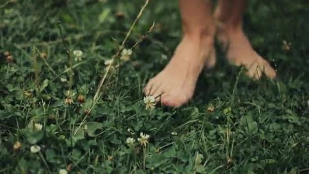 Pies de mujer caminando sobre la hierba verde de verano con flores de campo. Primer plano Shot. Hora de verano — Vídeos de Stock