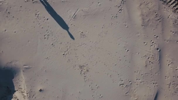 Zdjęcia lotnicze. Trzy męskie zbiegają się na pustyni. Słońce rzuca cienie w piasku. Widok z góry — Wideo stockowe