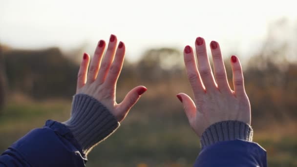 女性は彼女の手を太陽に見えます。ステディカム ショット — ストック動画