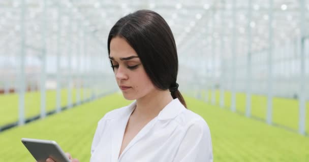 Rolnych kobiece inżynier w szklarni sobie biały płaszcz, w pracy komputera typu tablet ot test zdrowia spodnie i analizowania danych z tabletu. Ona patrzy w kamerę — Wideo stockowe