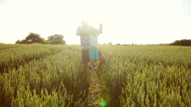 Junger Vater und Sohn spazieren auf dem Feld und haben Spaß — Stockvideo