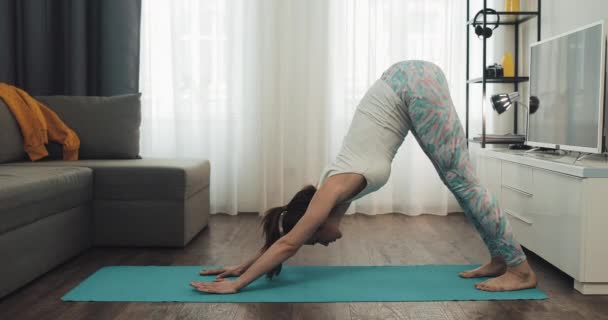 Genç bir kadın evde antrenman yapıyor. Fitness kızı minderde yoga egzersizi yapıyor. Sağlıklı ve spor yaşam tarzı. — Stok video