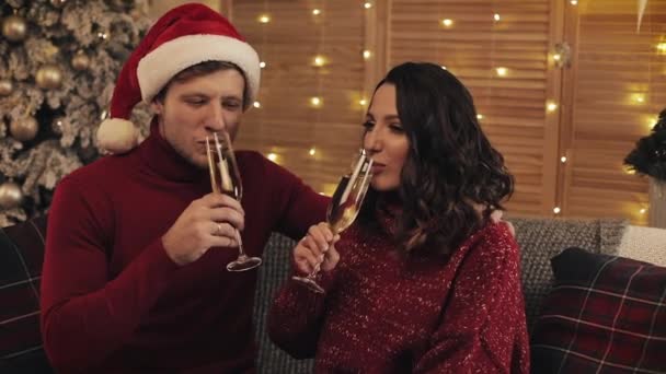 Gelukkig jong mooi paar zittend op de Bank in de buurt van kerstboom op gezellige thuis achtergrond Clinking glazen champagne glimlachend knuffelen concept van vakantie en Nieuwjaar close-up. — Stockvideo