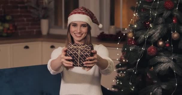 Retrato de mujeres caucásicas hermosas usando el sombrero de Santas que se sienta en el fondo casero decorado de la Navidad que da una caja de regalo y sonriendo . — Vídeo de stock