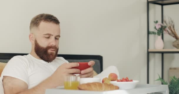 Grave giovane uomo sdraiato sul letto con trey pieno di cibo e gioco su smartphone. Un tizio con la barba sulla trentina che usa il telefono mentre fa colazione. Concetto di svago. Home sfondo . — Video Stock
