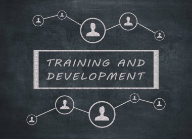 Eğitim ve geliştirme - Dünya Haritası ve sosyal simgeleri mavi zemin üzerine metin kavramı