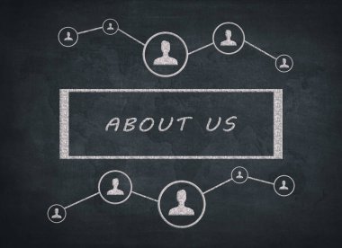 Hakkımızda - Dünya Haritası ve sosyal simgeleri mavi zemin üzerine metin kavramı