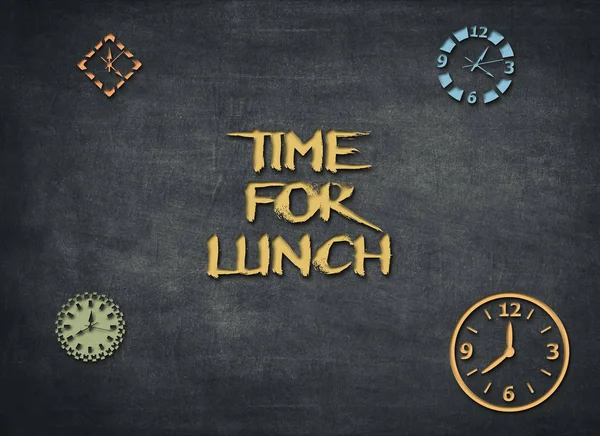 Hora Del Almuerzo Reloj Con Texto Sobre Fondo Azul Para — Foto de Stock