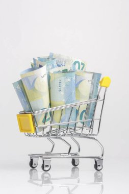 Alışveriş arabası beyaz arka plan üzerinde izole banknot dolu