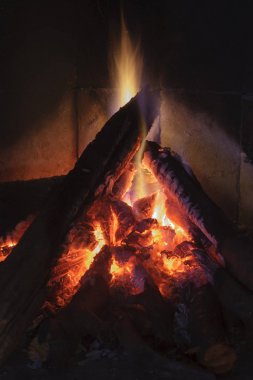 Şöminede yanan odunları yakın plan çek.