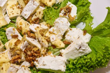 Peynir tabağı farklı tipteki çeşitli peynir restoran masada servis. Sığ odak.