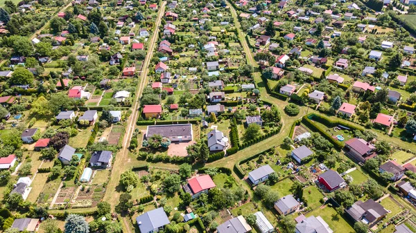 Wide angle aerial view of recreational and vegetable gardens in Ilawa, Poland, photo taken from drone