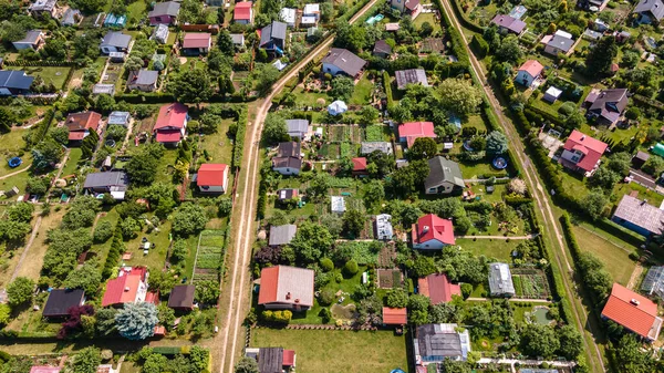 Wide angle aerial view of recreational and vegetable gardens in Ilawa, Poland, photo taken from drone