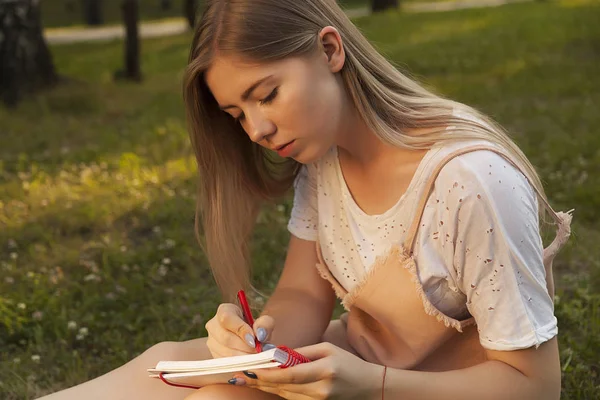 Joven Hermosa Chica Estudiante Escritura Cuaderno Rubia Aprendizaje Educación —  Fotos de Stock