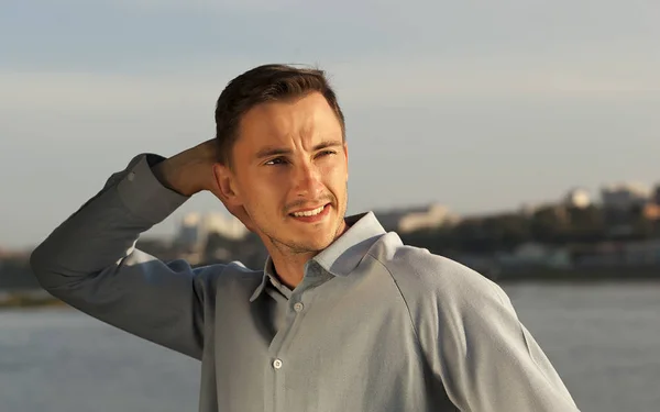 Portrait Smiling Young Man Young Brunette Man Rejoices Happy Man — Stock Photo, Image