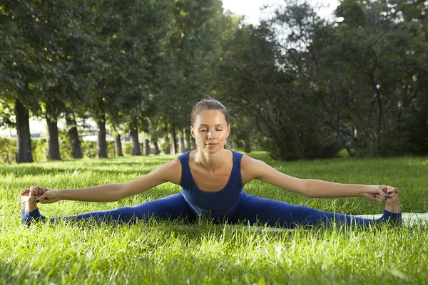 Joven Hermosa Chica Practica Yoga Hierba Postura Estiramiento Lateral Yoga Imagen de stock